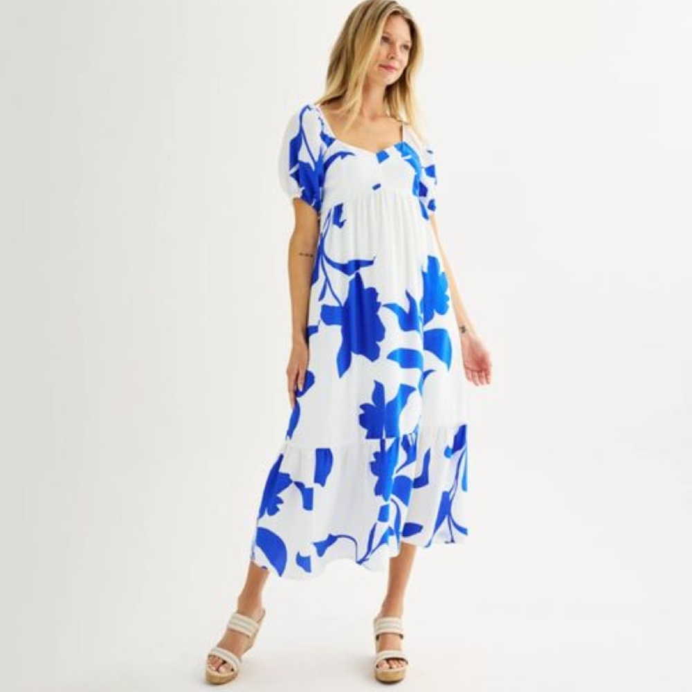 Nine West Babydoll Maxi Dress - Blue/White - Large